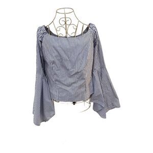 NWT Petersyn Harlan Blue White Stripe Cotton Blouse Bell Sleeve Top M